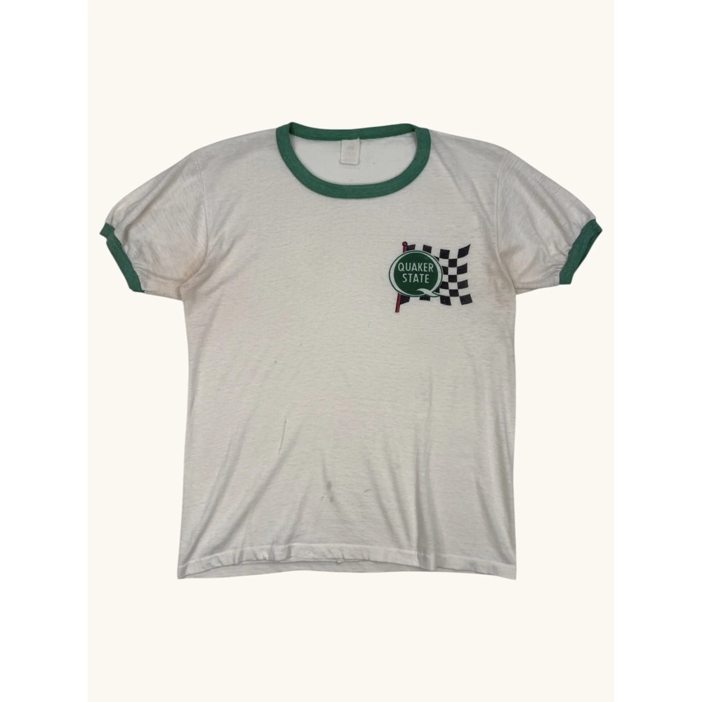 Vintage Quaker State Motor Oil Ringer T-Shirt White Green Racing Flag Small